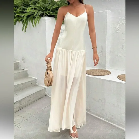White ivory mesh drop waist clear spaghetti strap maxi flowy dress - Picture 2 of 5